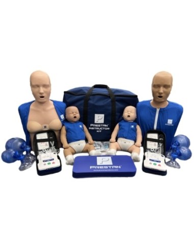Pack Prestan: 2 Desfibriladores AED, 2 Maniquís Adultos, 2 Infantiles y Accesorio femenino.