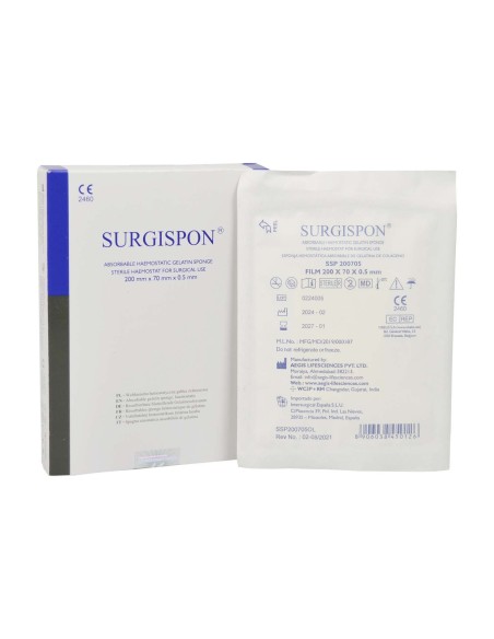 Apósito hemostático absorbible de gelatina de colágeno Surgispon Film 200 mm x 70 mm x 0,5 mm. | Iberomed