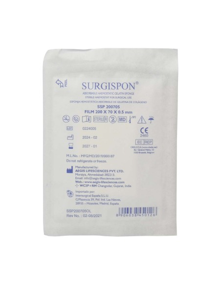 Apósito hemostático absorbible de gelatina de colágeno Surgispon Film 200 mm x 70 mm x 0,5 mm. | Iberomed